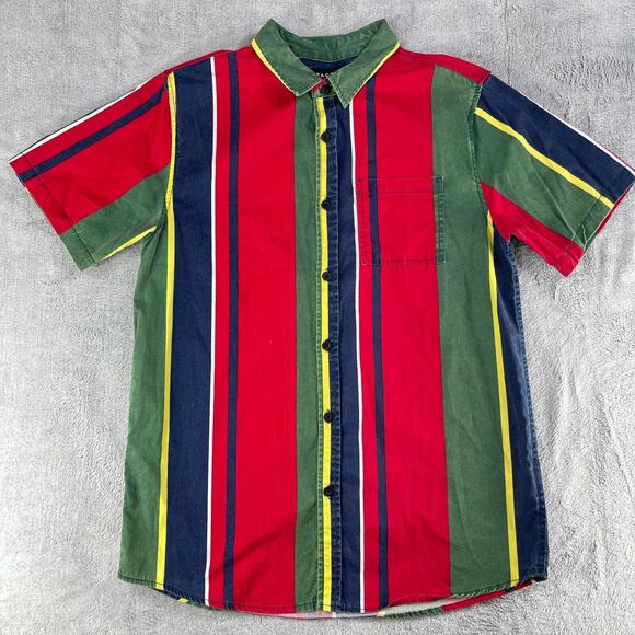 Pacsun Shirt Men Medium Multicolor Striped Cotton Pleated Short Sleeve Button-Up - Picture 1 of 9